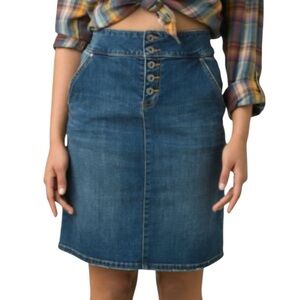 prAna‎ Organic Cotton Denim Skirt Sz 6 Button Fly Distressed Pockets Western